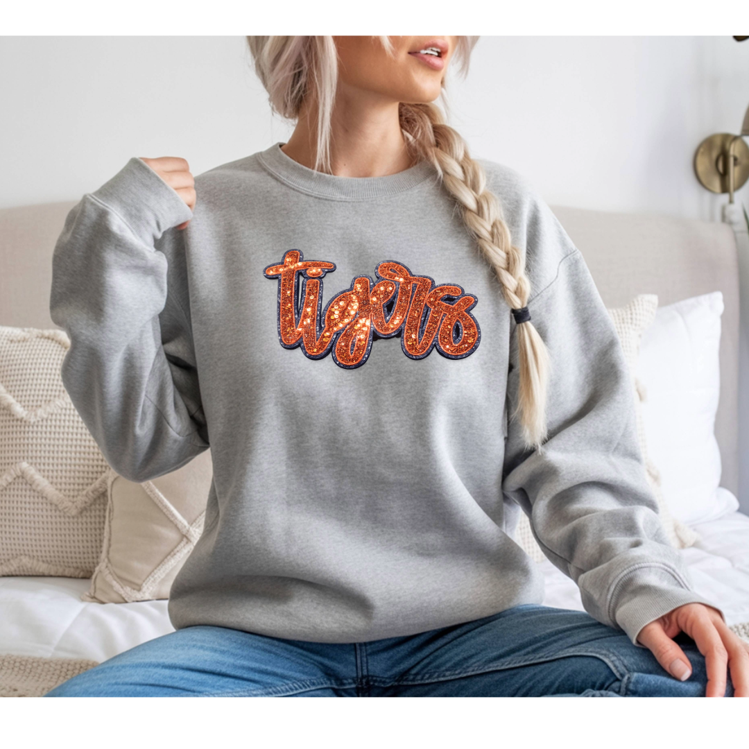Tigers Orange Sequin Patch Game Day Crewneck Sweatshirt