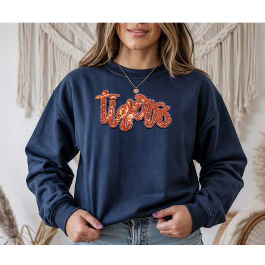 Tigers Orange Sequin Patch Game Day Crewneck Sweatshirt
